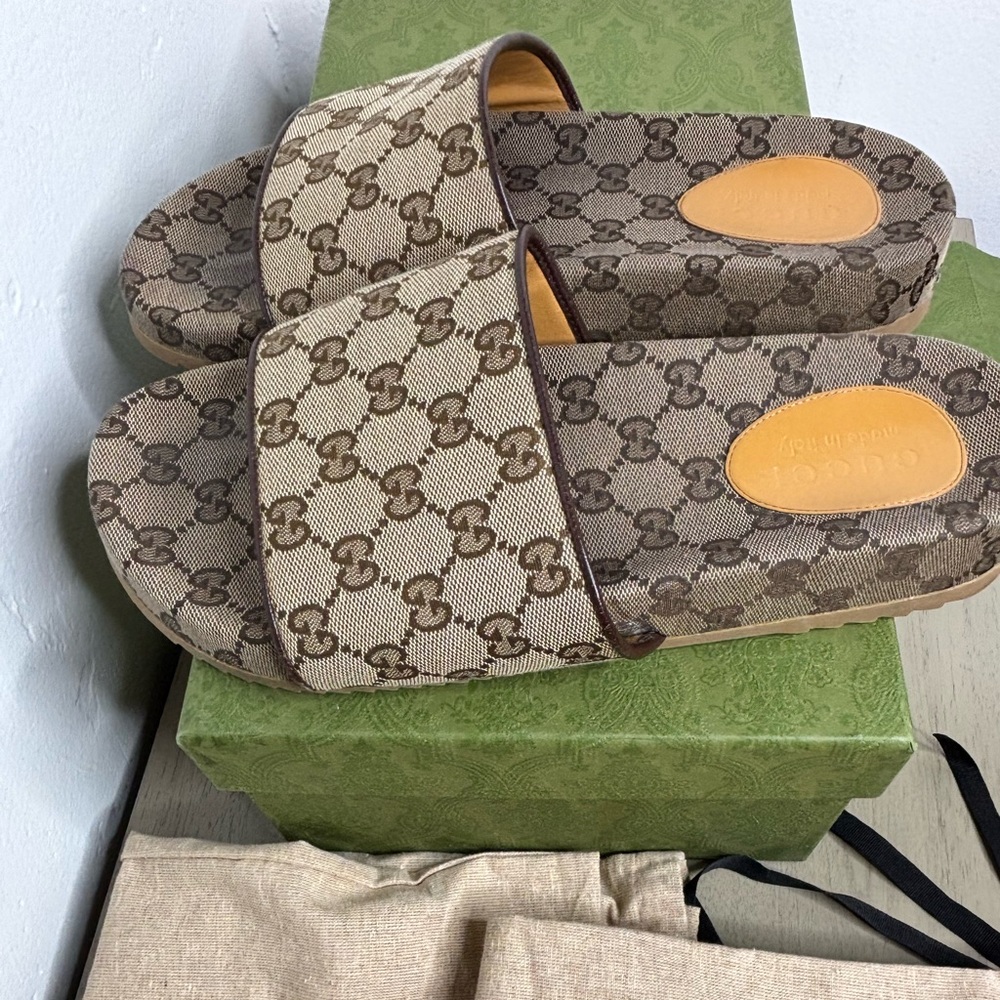 Gucci Beige and Brown Monogram Slides